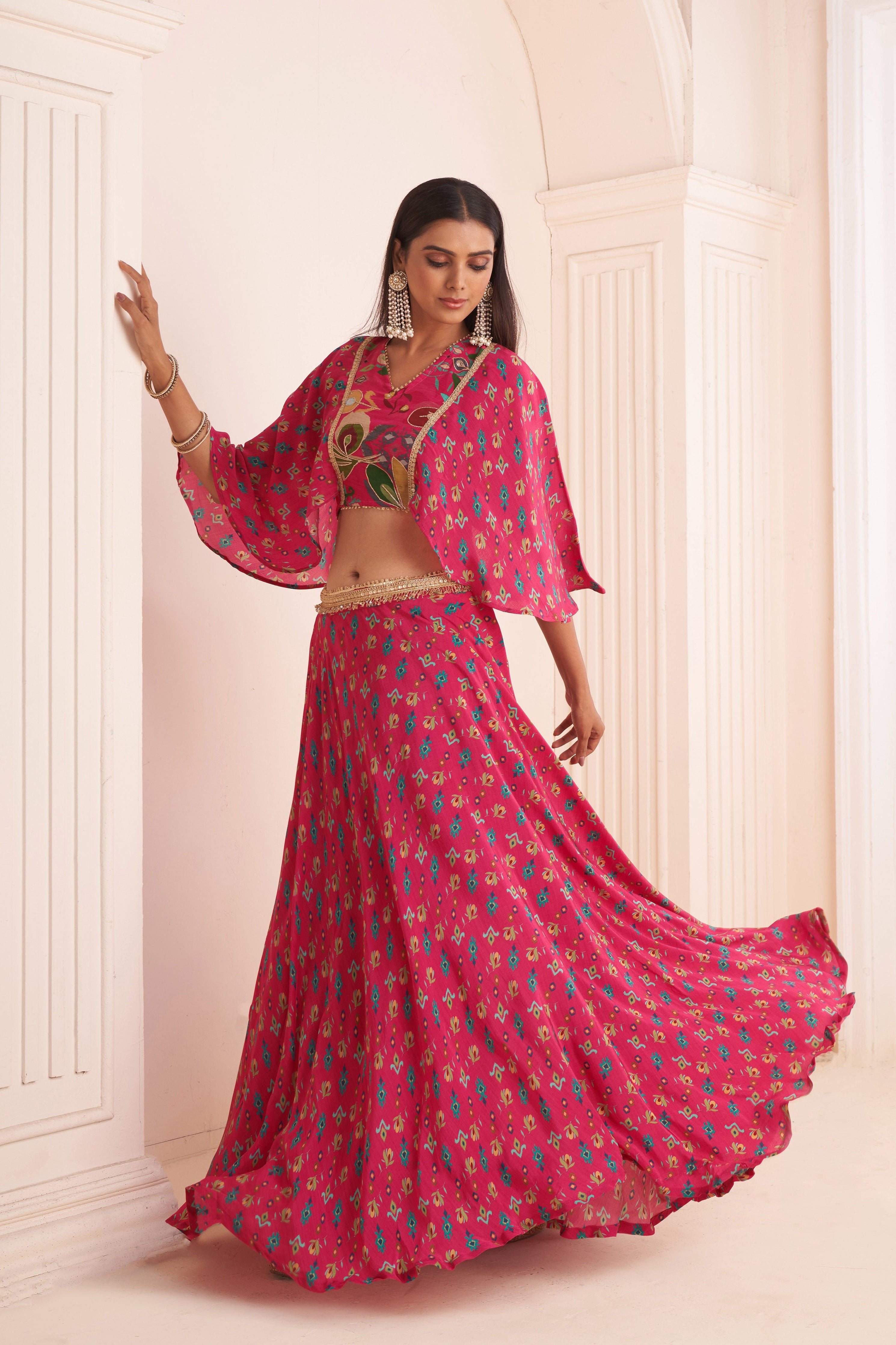 Hot Pink Printed Lehenga With Cape Blouse | Modern Indian Wedding & Occasion Wear 