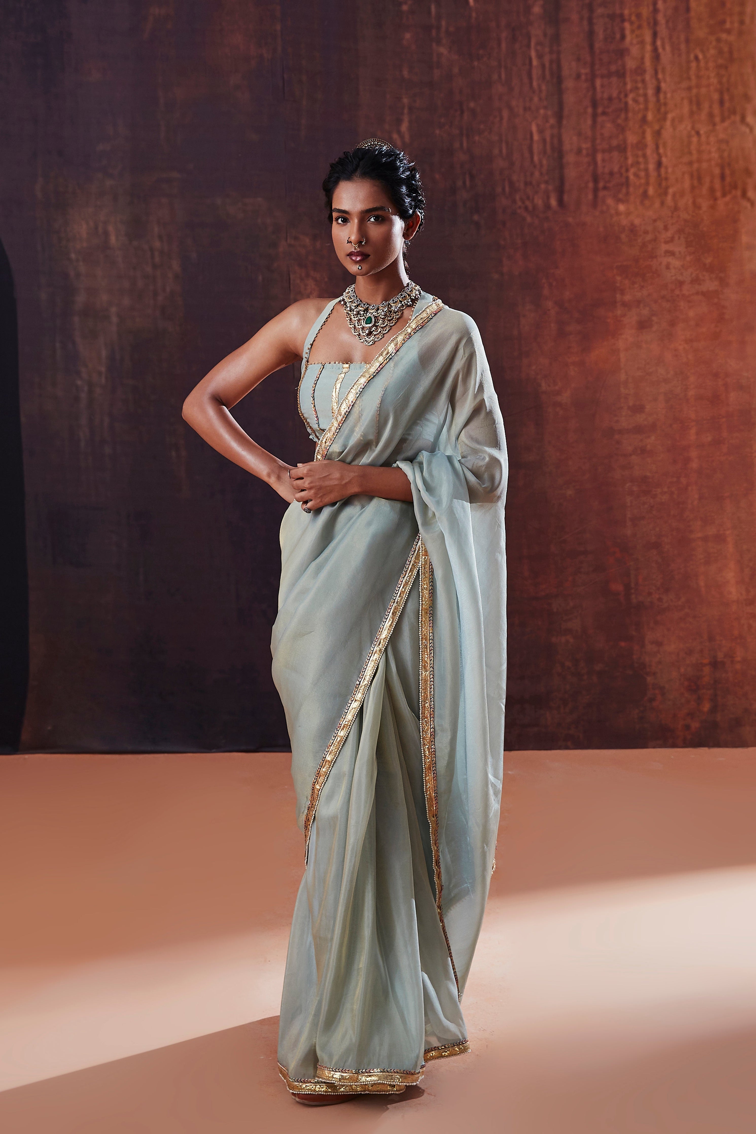 Powder Blue Tissue Saree Set | Luxury Indian Wedding Wear