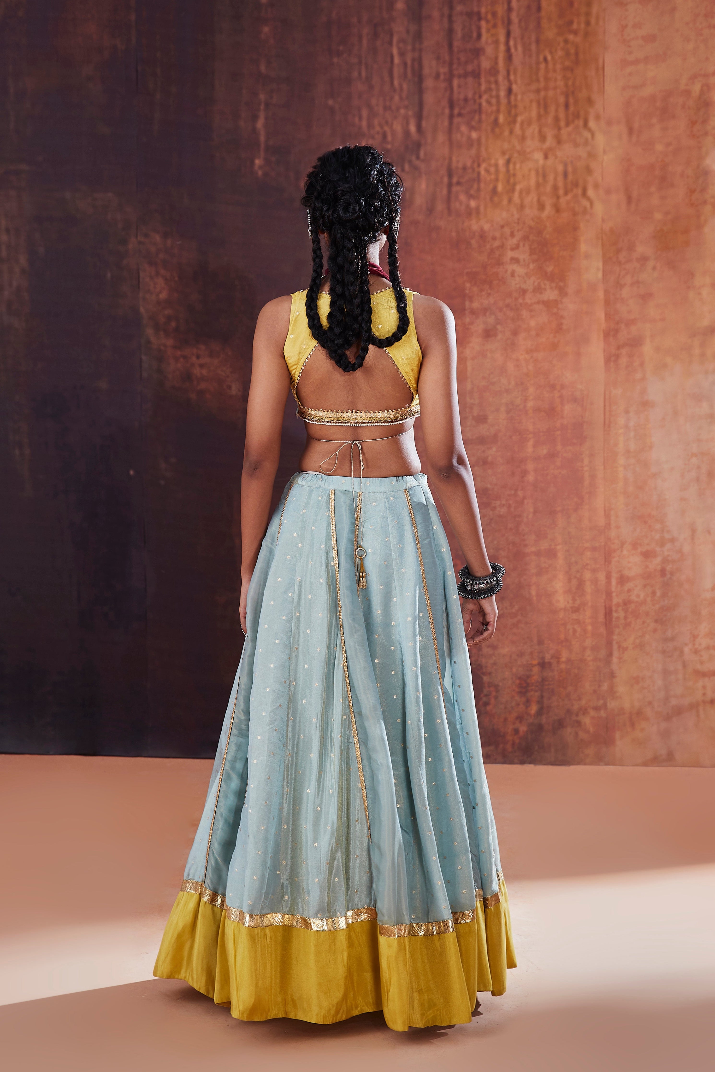 Powder Blue Tissue Lehenga Set | Designer Haldi Ceremony Outfit
