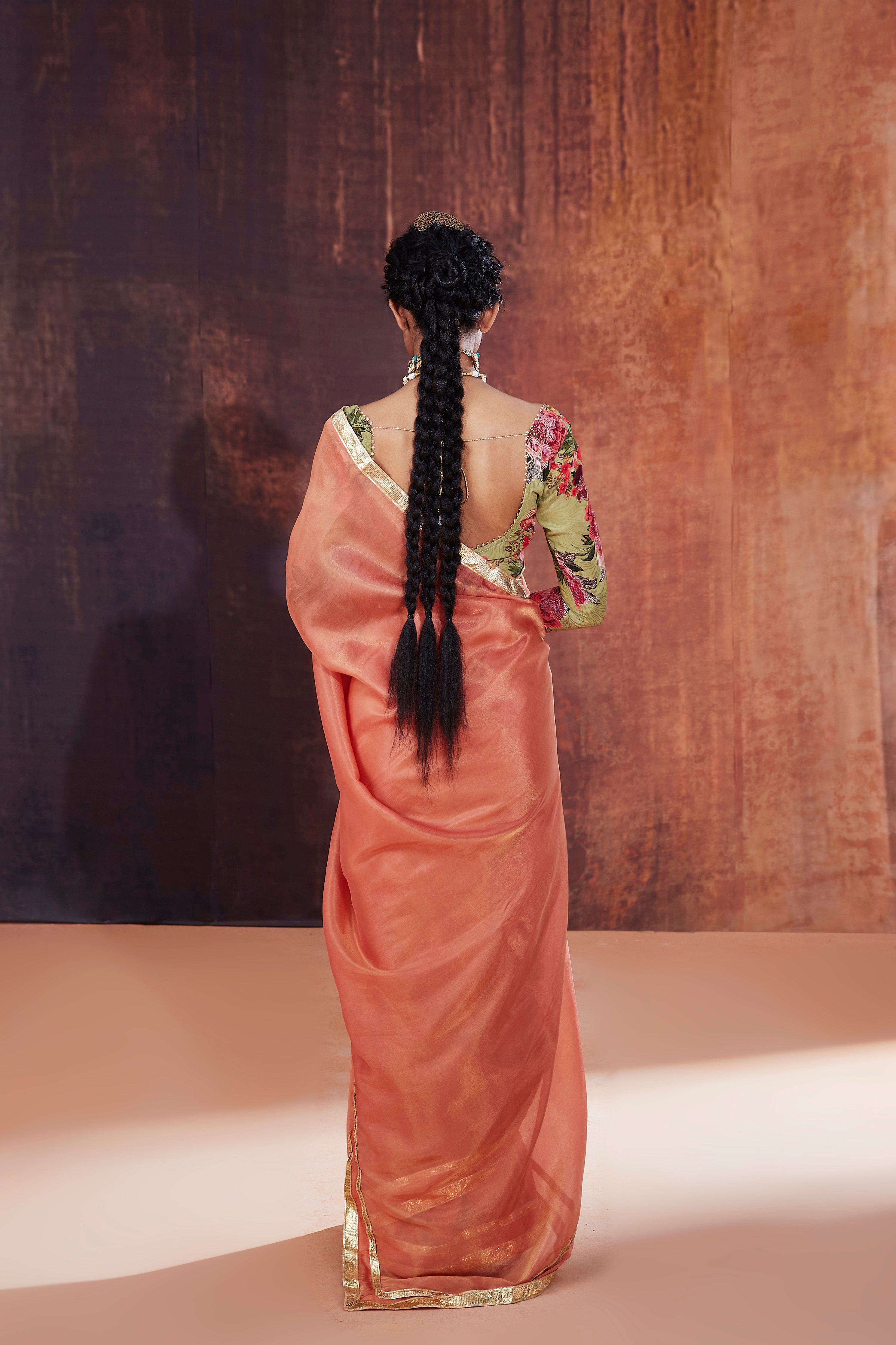 Coral Tissue Silk Saree Set | Chic Designer Indian Wedding & Occasion Wear 