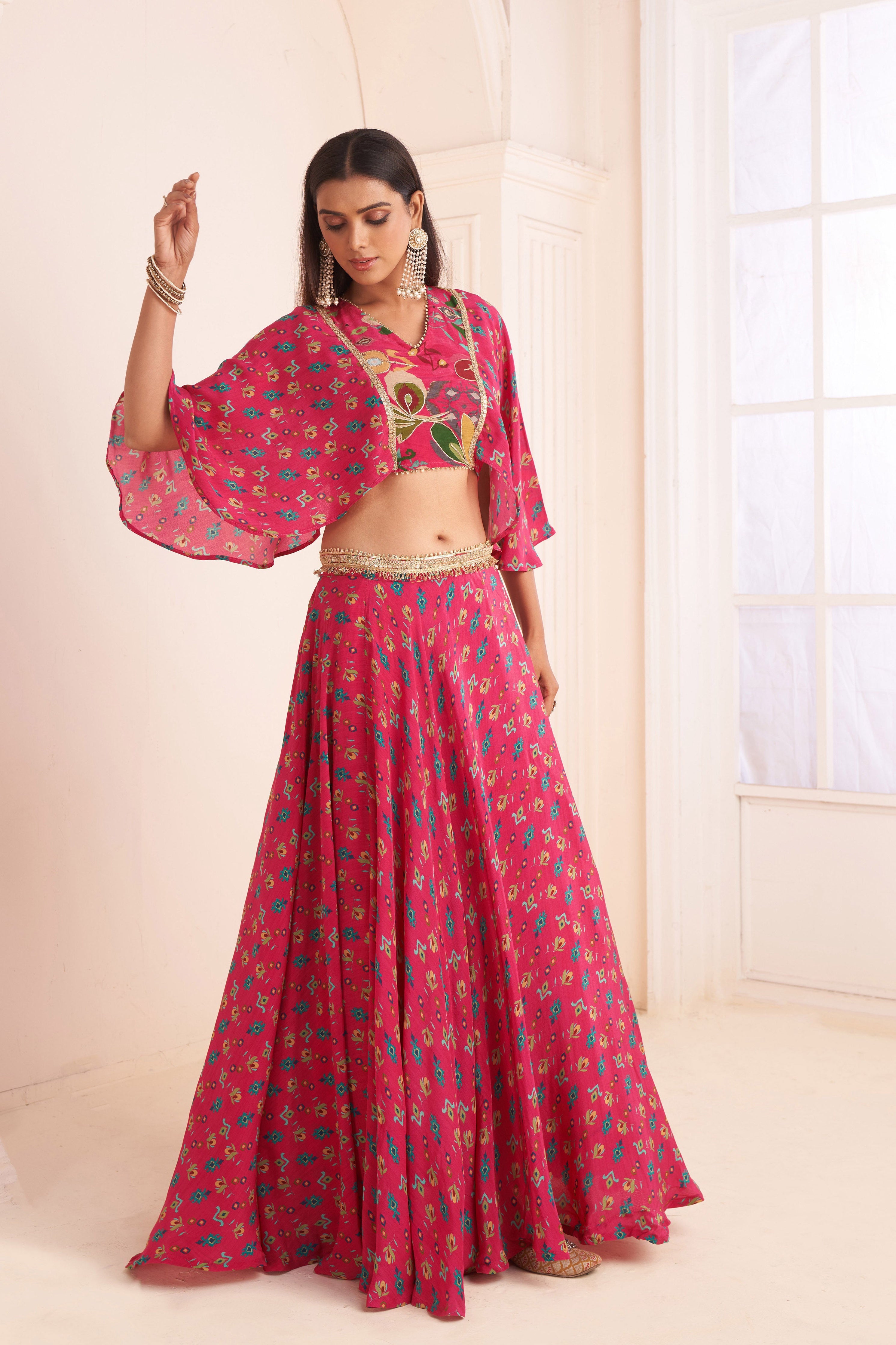 Hot Pink Printed Lehenga With Cape Blouse | Modern Indian Wedding & Occasion Wear 