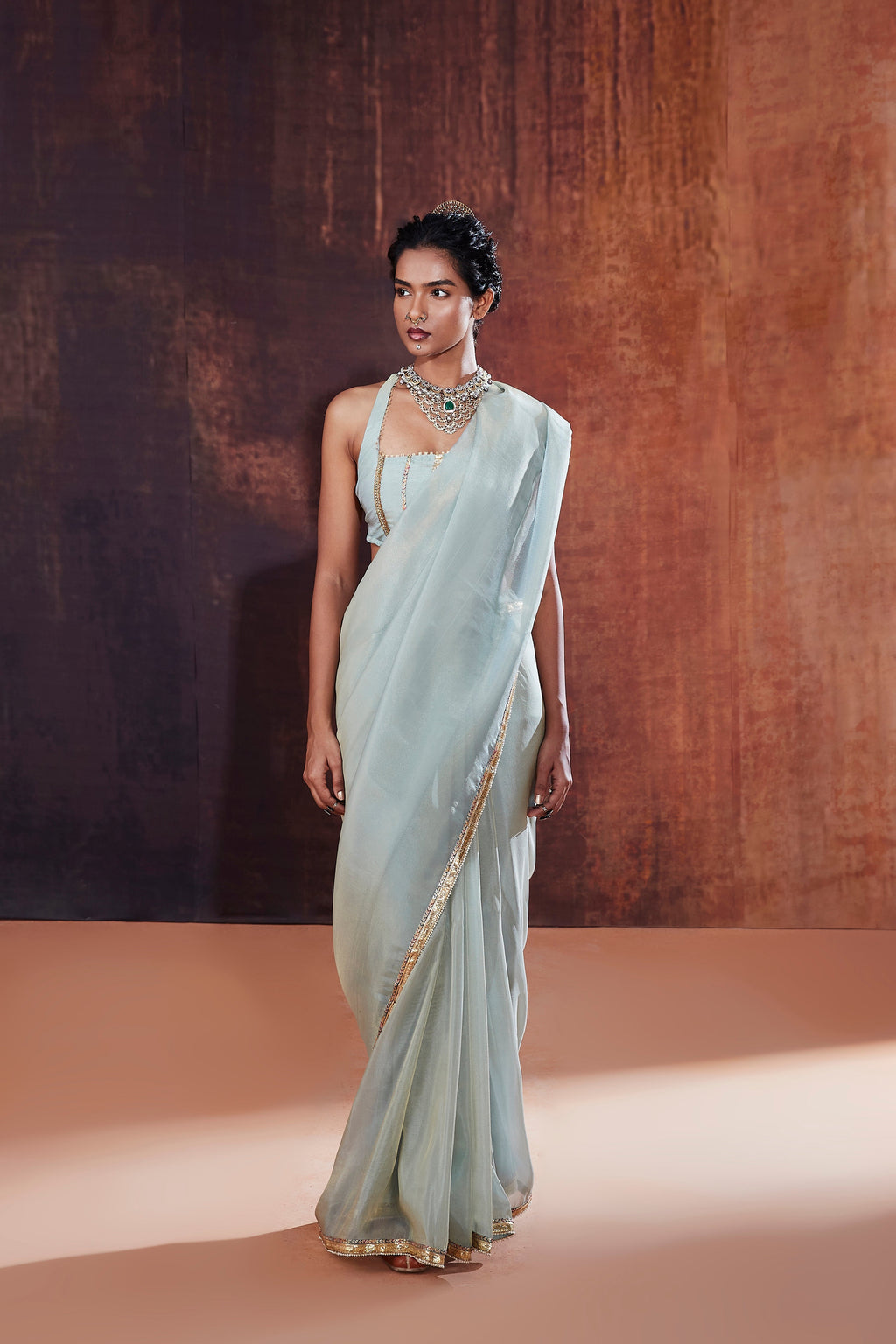 Powder Blue Tissue Saree Set | Luxury Indian Wedding Wear