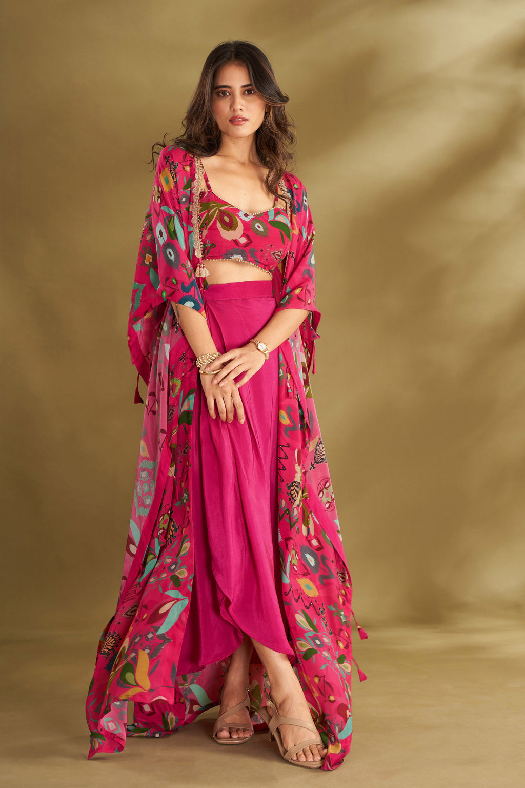 Hot Pink Drape Skirt & Cape Set | Designer Indo-Western Wedding Wear 