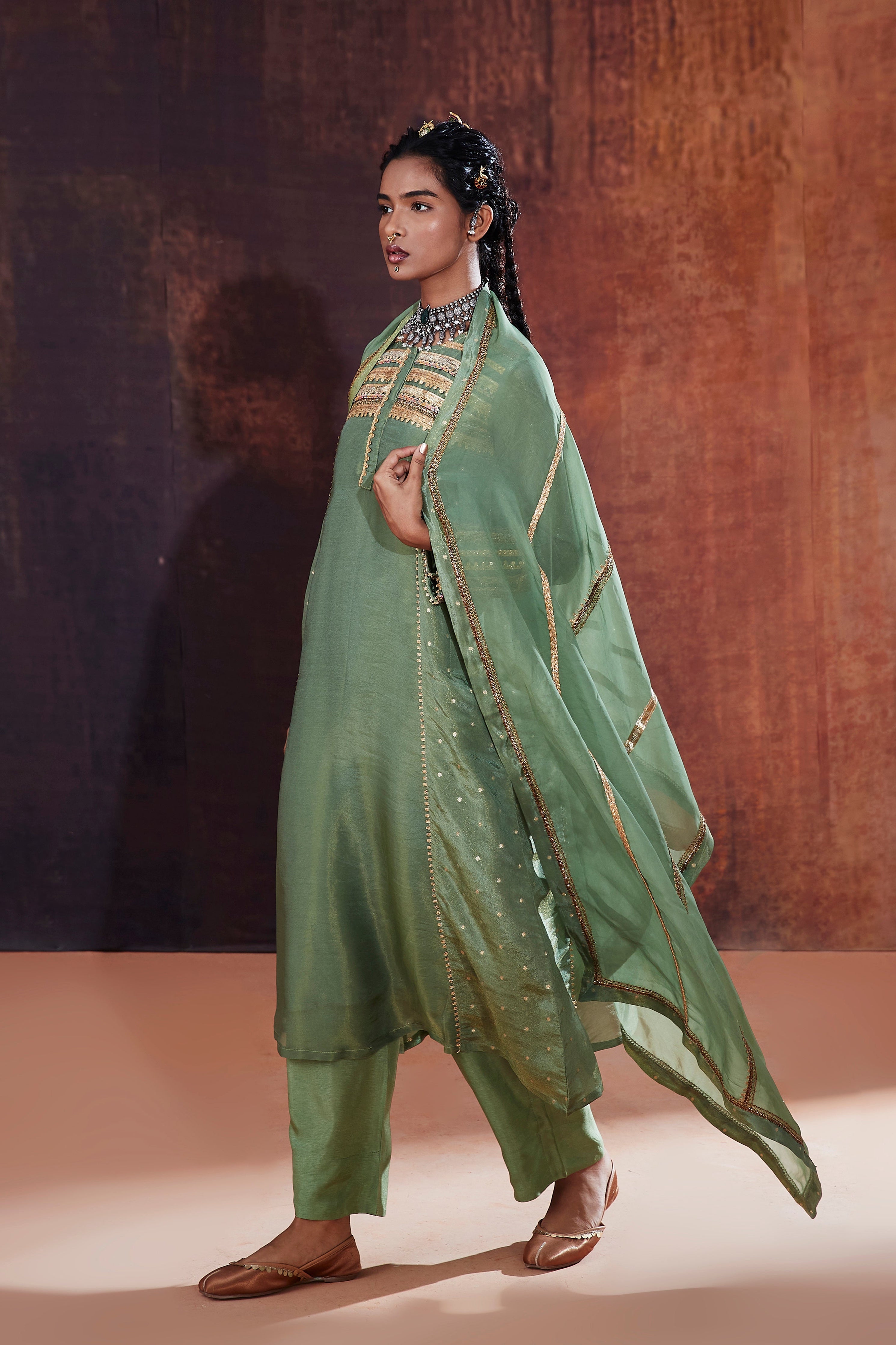 Moss Green Jacquard Kurta Set | Elegant Hand-Embroidered Indian Occasion Wear 
