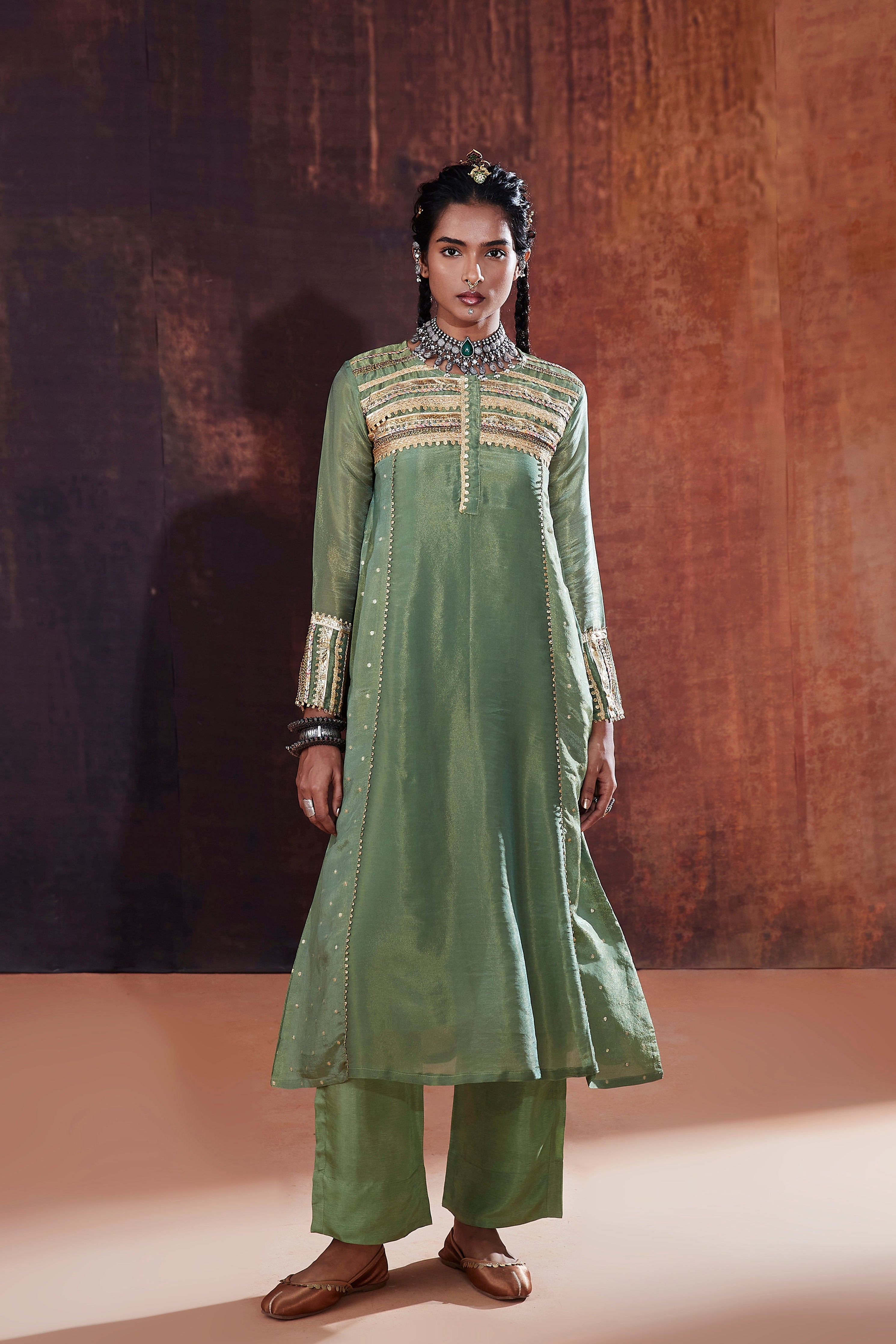 Moss Green Jacquard Kurta Set | Elegant Hand-Embroidered Indian Occasion Wear 