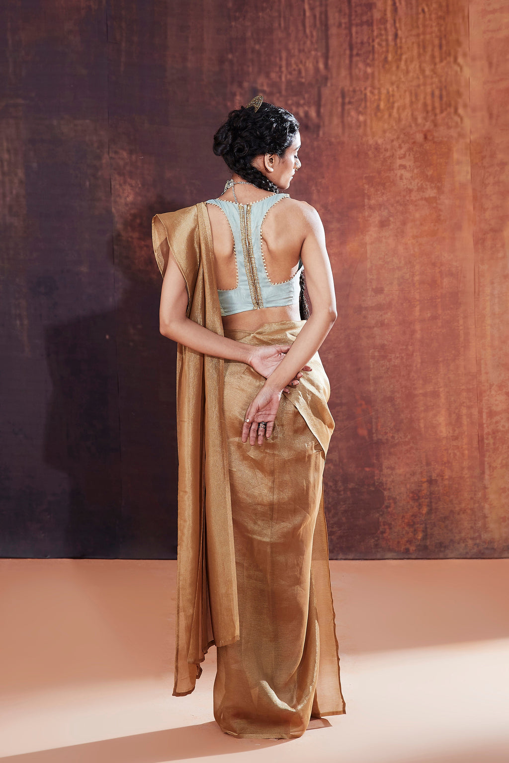 Gold Crush Tissue Pre-Drape Saree | Premium Indian Occasion Wear 