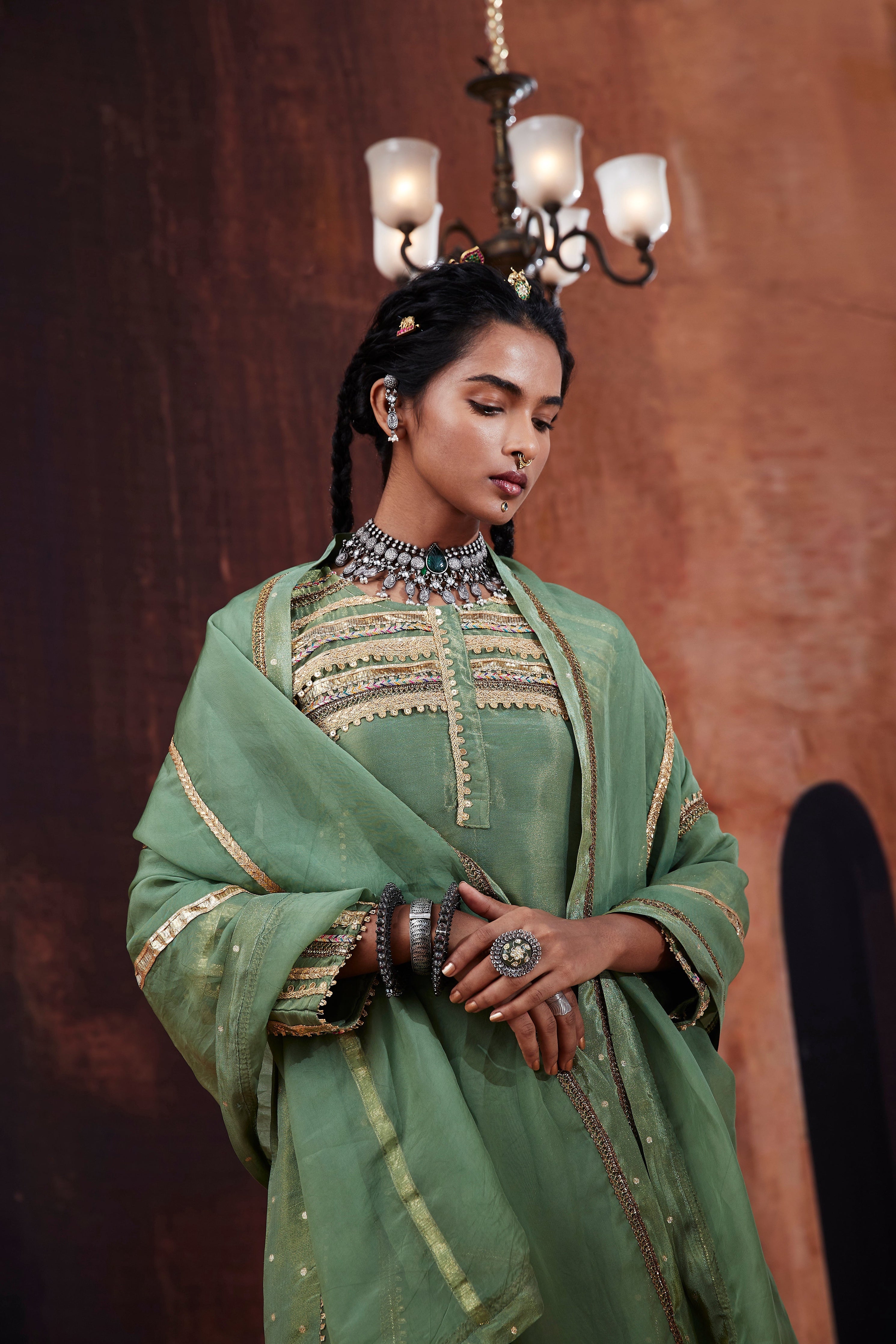 Moss Green Jacquard Kurta Set | Elegant Hand-Embroidered Indian Occasion Wear 