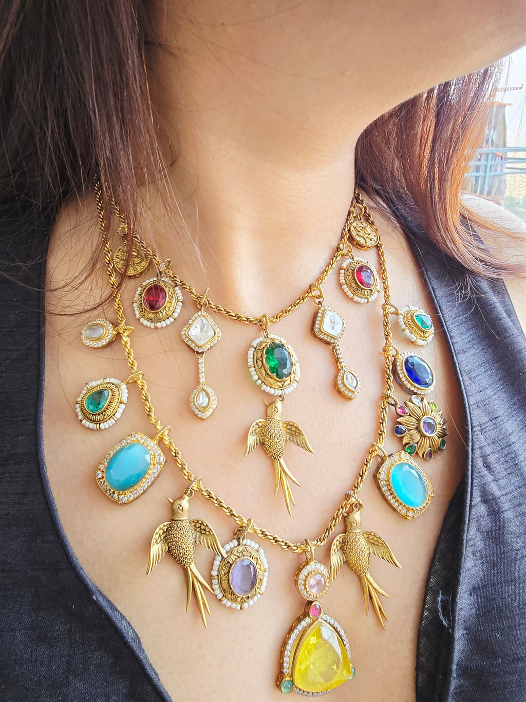 Sabyasachi Inspired Double Layer Necklace Set | Semi-Precious Stones Jewellery | Indian Festive, Bridal & Wedding Accessories