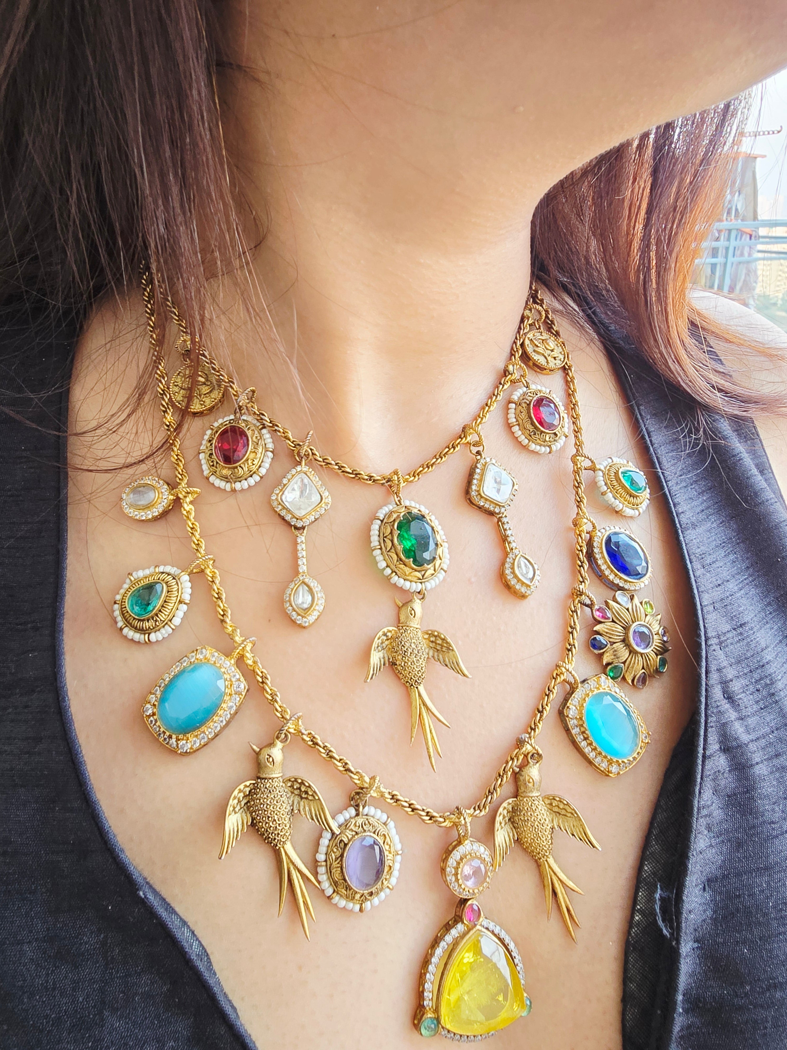 Sabyasachi Inspired Double Layer Necklace Set | Semi-Precious Stones Jewellery | Indian Festive, Bridal & Wedding Accessories
