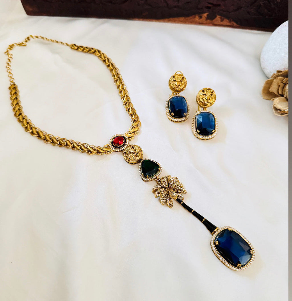 Sabyasachi Inspired-Sapphire Royal Bengal Tiger Necklace Set | Semi-Precious Stones Jewellery | Indian Festive, Bridal & Wedding Accessories