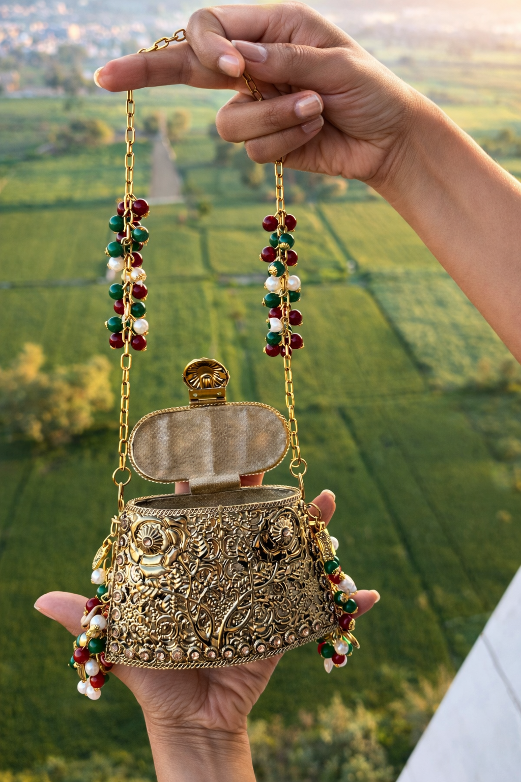 Handcrafted Mini Beaded Potli Inspired Clutch Bag | Embellished Indian Wedding Accessories | Mini Ethnic Bridal Bag With Tassels