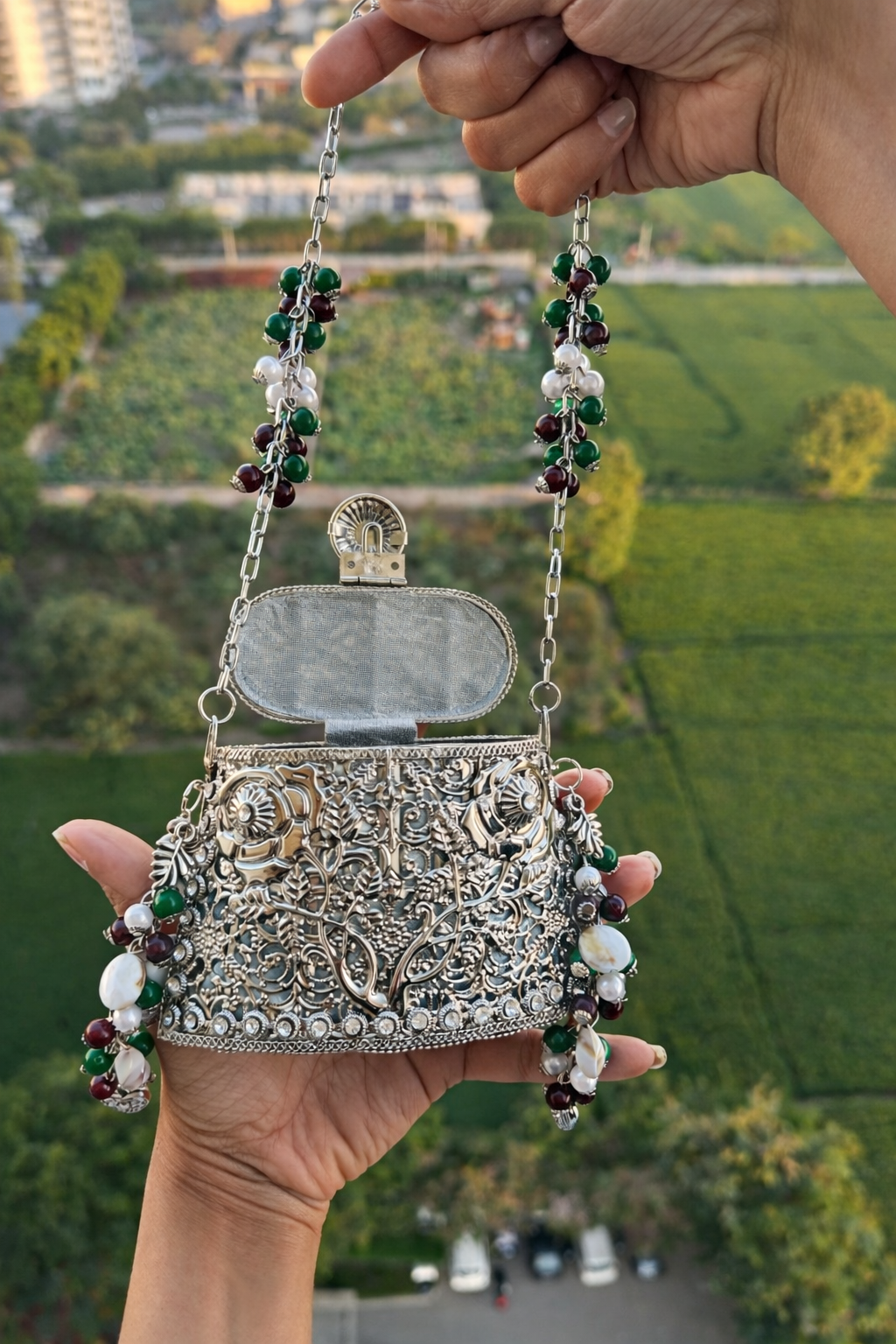 Handcrafted Mini Beaded Potli Inspired Clutch Bag | Embellished Indian Wedding Accessories | Mini Ethnic Bridal Bag With Tassels