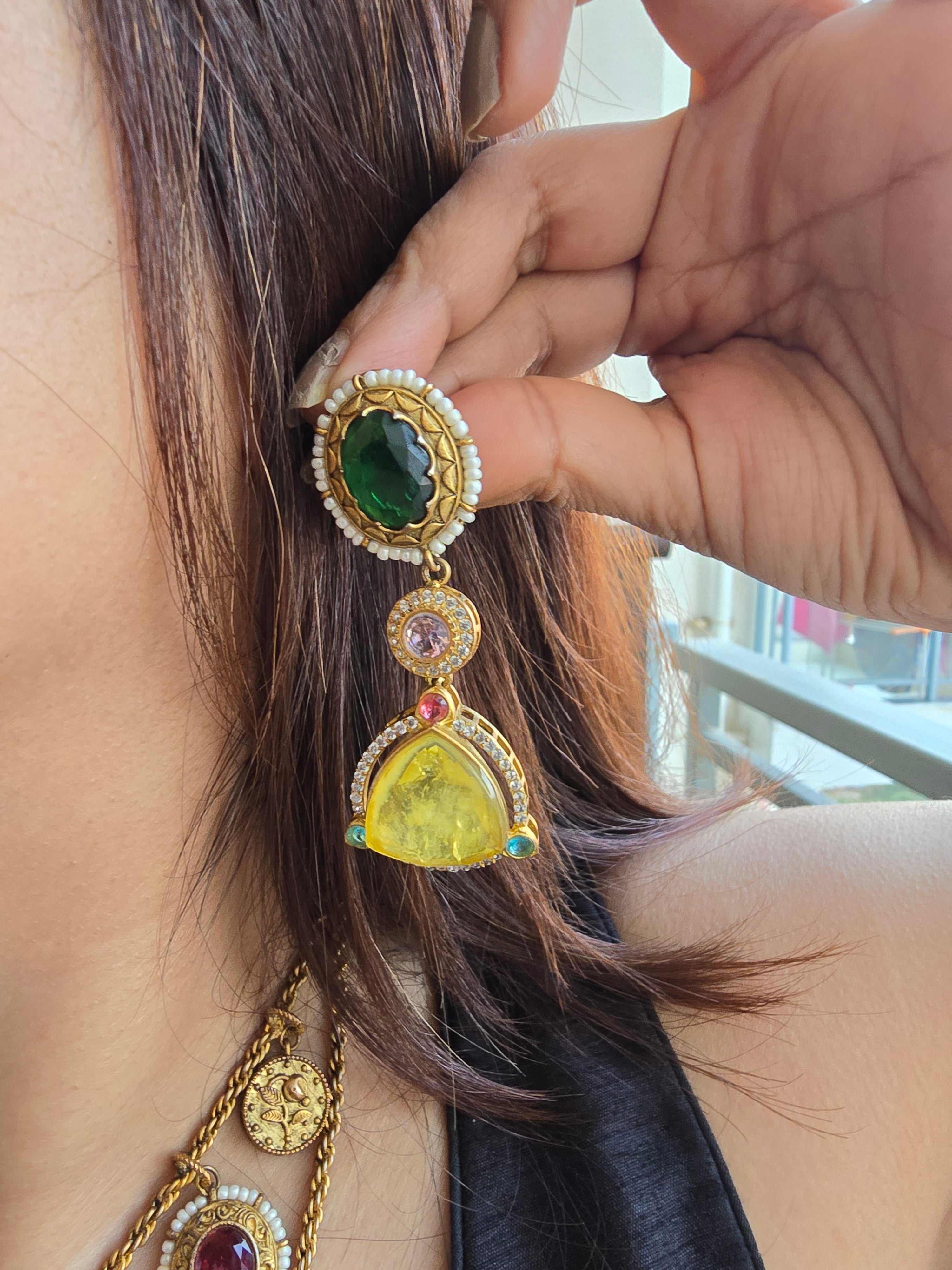 Sabyasachi Inspired Double Layer Necklace Set | Semi-Precious Stones Jewellery | Indian Festive, Bridal & Wedding Accessories