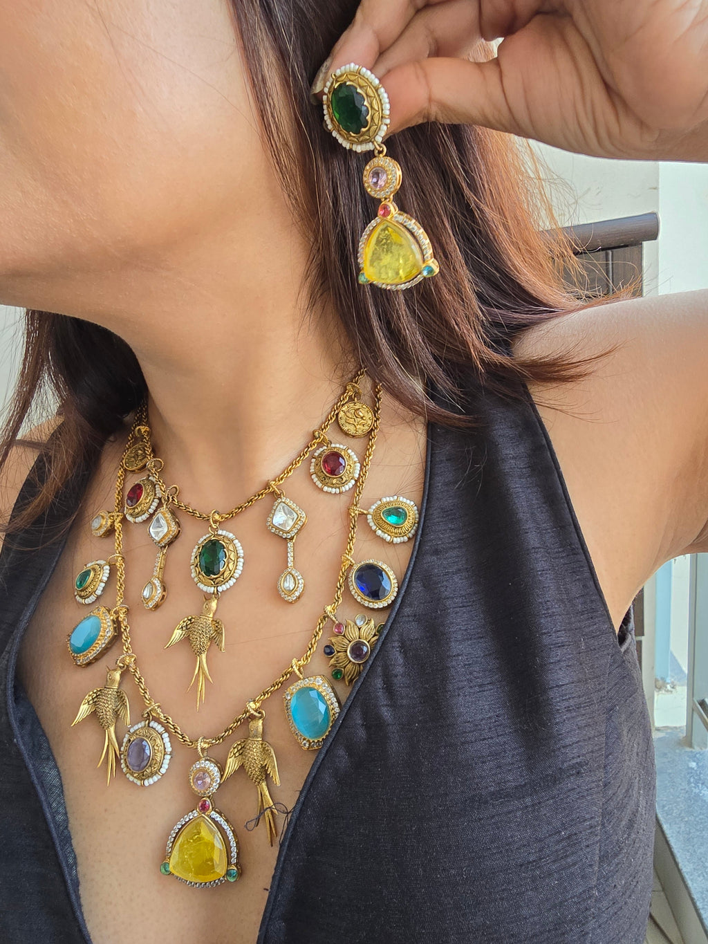 Sabyasachi Inspired Double Layer Necklace Set | Semi-Precious Stones Jewellery | Indian Festive, Bridal & Wedding Accessories