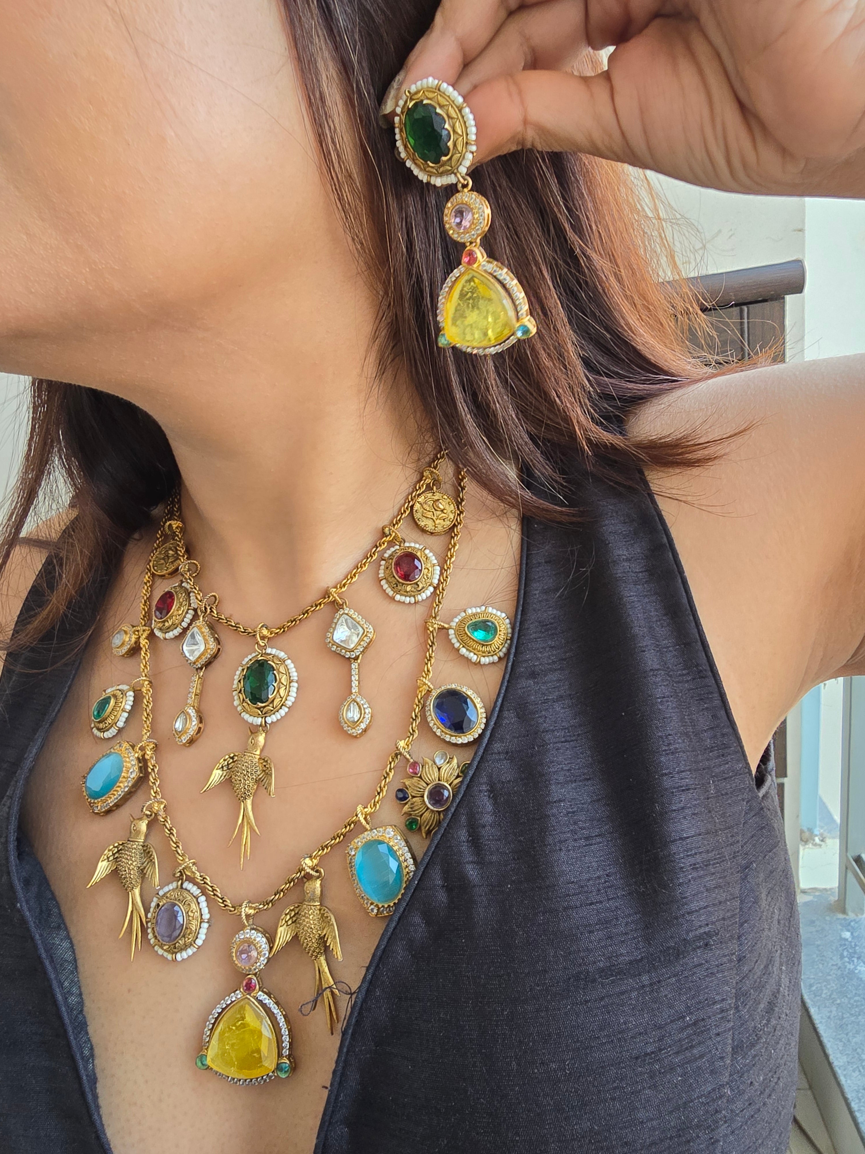 Sabyasachi Inspired Double Layer Necklace Set | Semi-Precious Stones Jewellery | Indian Festive, Bridal & Wedding Accessories