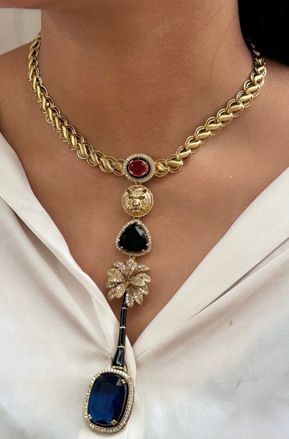 Sabyasachi Inspired-Sapphire Royal Bengal Tiger Necklace Set | Semi-Precious Stones Jewellery | Indian Festive, Bridal & Wedding Accessories
