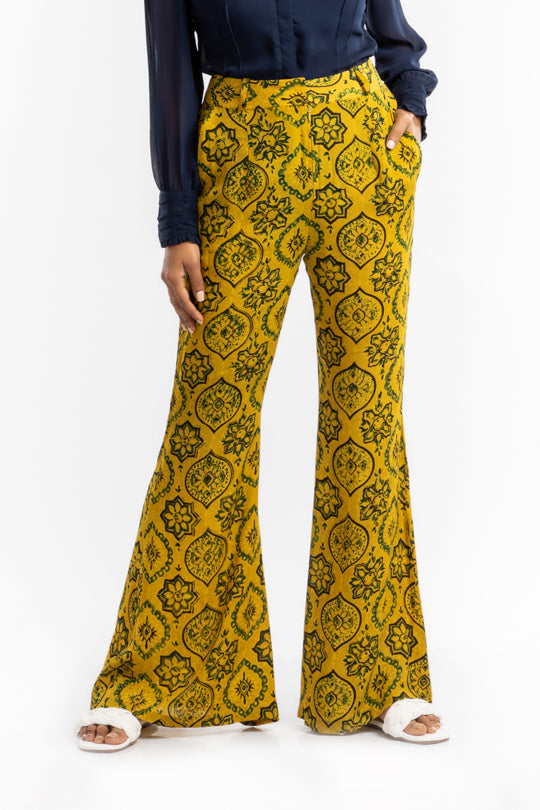 Yellow Bell Bottom Pant |  Flare Trousers with Artisanal Block Print The House Of Ara