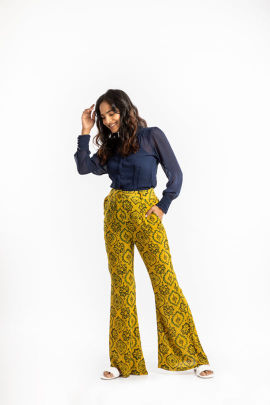 Yellow Bell Bottom Pant |  Flare Trousers with Artisanal Block Print The House Of Ara