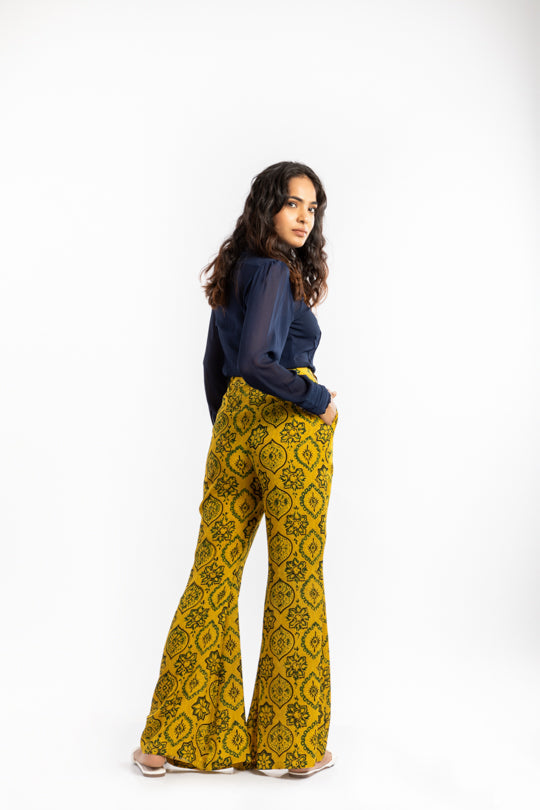 Yellow Bell Bottom Pant |  Flare Trousers with Artisanal Block Print The House Of Ara