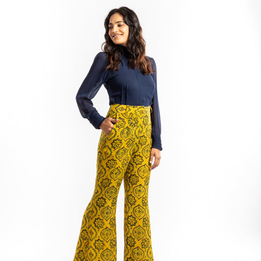 Yellow Bell Bottom Pant |  Flare Trousers with Artisanal Block Print The House Of Ara
