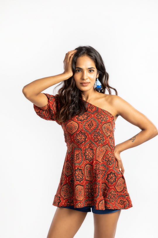 Red One Shoulder Top | Hand-Block Print Designer Blouse The House Of Ara