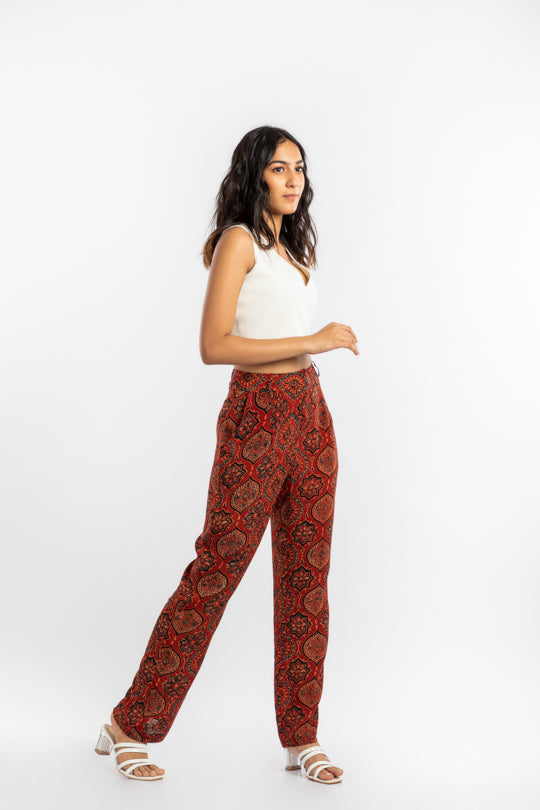Straight Fit Cupro Pants | Red Hand Block Printed The House Of Ara