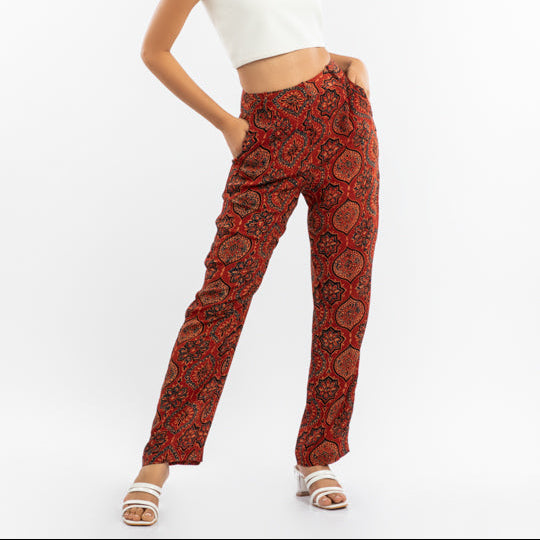 Straight Fit Cupro Pants | Red Hand Block Printed The House Of Ara