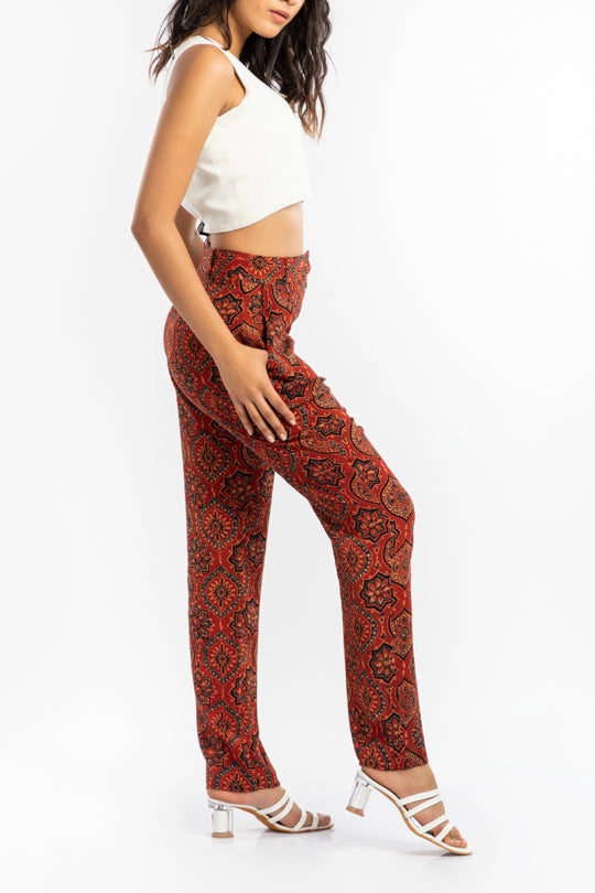 Straight Fit Cupro Pants | Red Hand Block Printed The House Of Ara