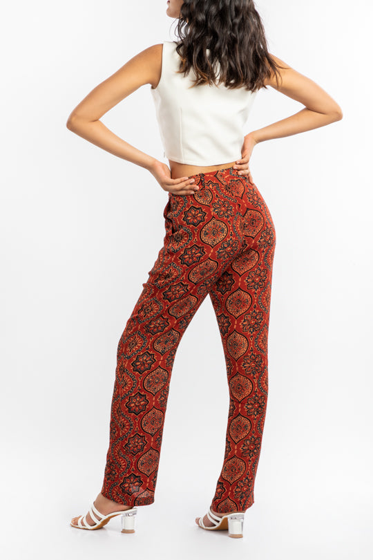 Straight Fit Cupro Pants | Red Hand Block Printed The House Of Ara