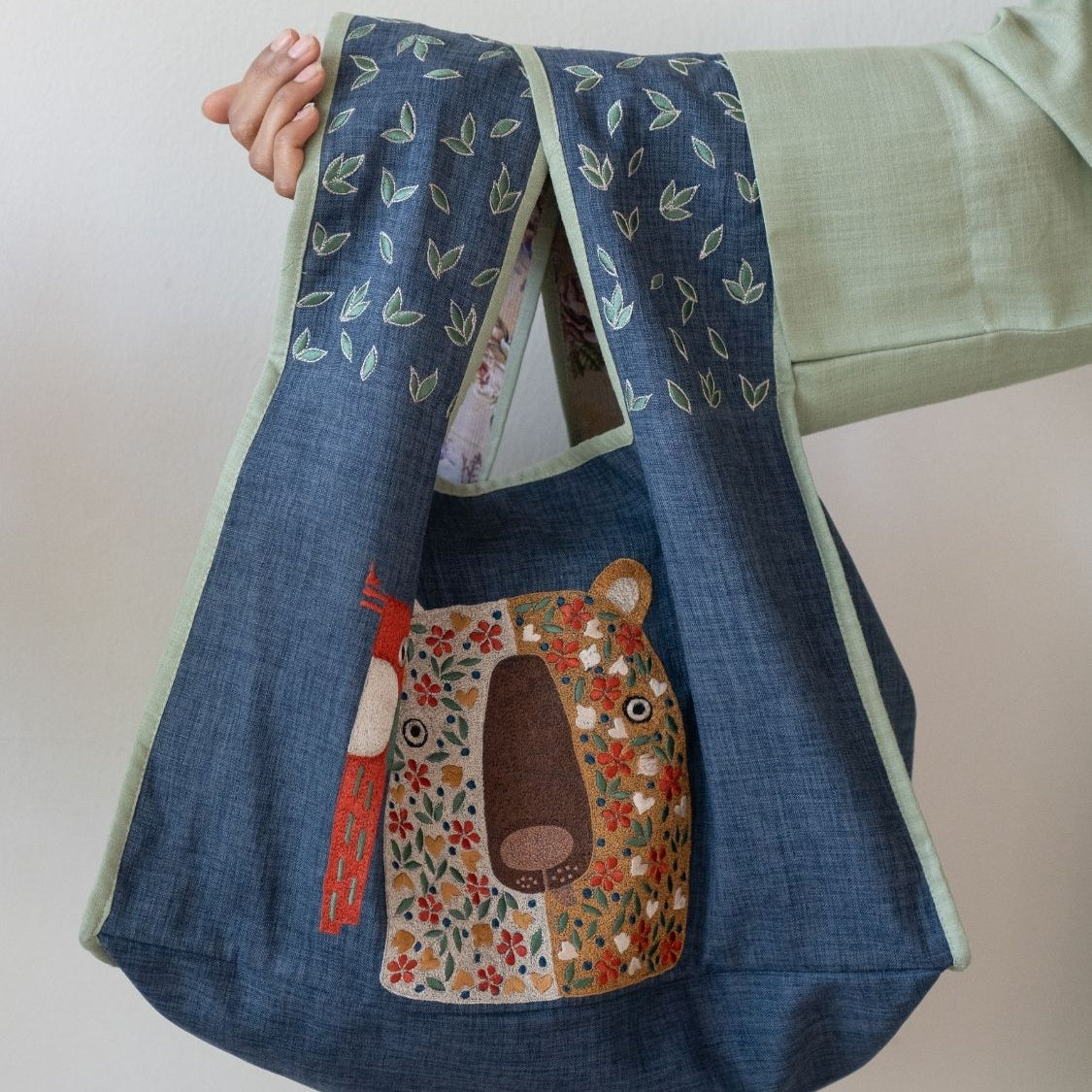 The Bear With Me Bag | Embroidered Jute Cotton Handbag  (15+ Artisan Hours)