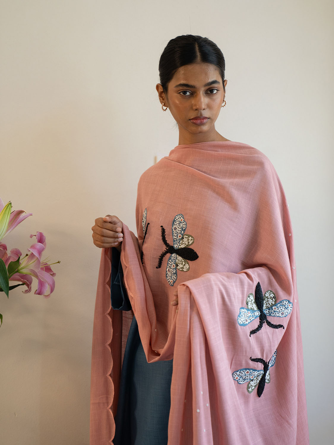 Pink Dragonfly Serenade Dupatta | Hand-Embroidered Embellishments Winglore Studio