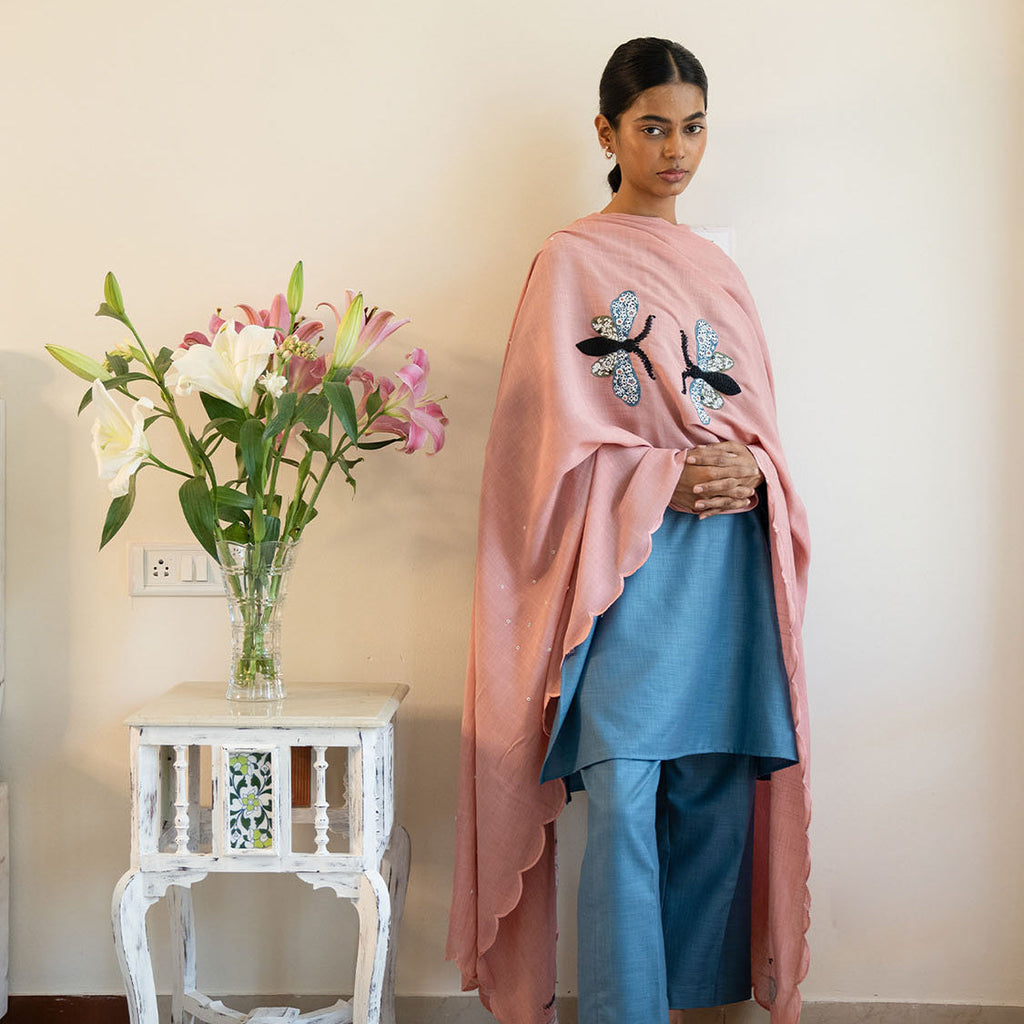 Pink Dragonfly Serenade Dupatta | Hand-Embroidered Embellishments Winglore Studio