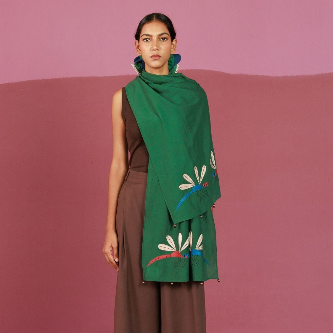 Wingin' It in Green Stole | Resham Zig-Zag Embroidery (10+ Artisan Hours) Winglore Studio