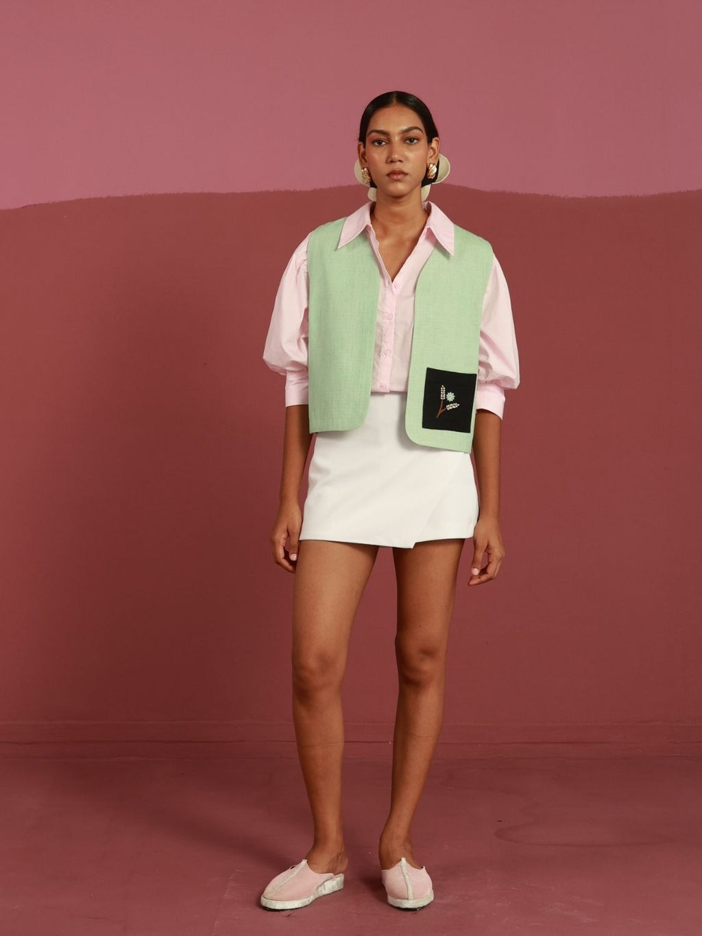 Honeydew Cropped Gilet | Hand-Embroidered Patch Detail (20+ Artisan Hours) Winglore Studio