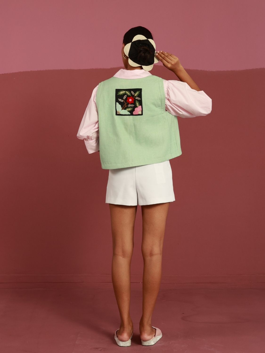 Honeydew Cropped Gilet | Hand-Embroidered Patch Detail (20+ Artisan Hours) Winglore Studio