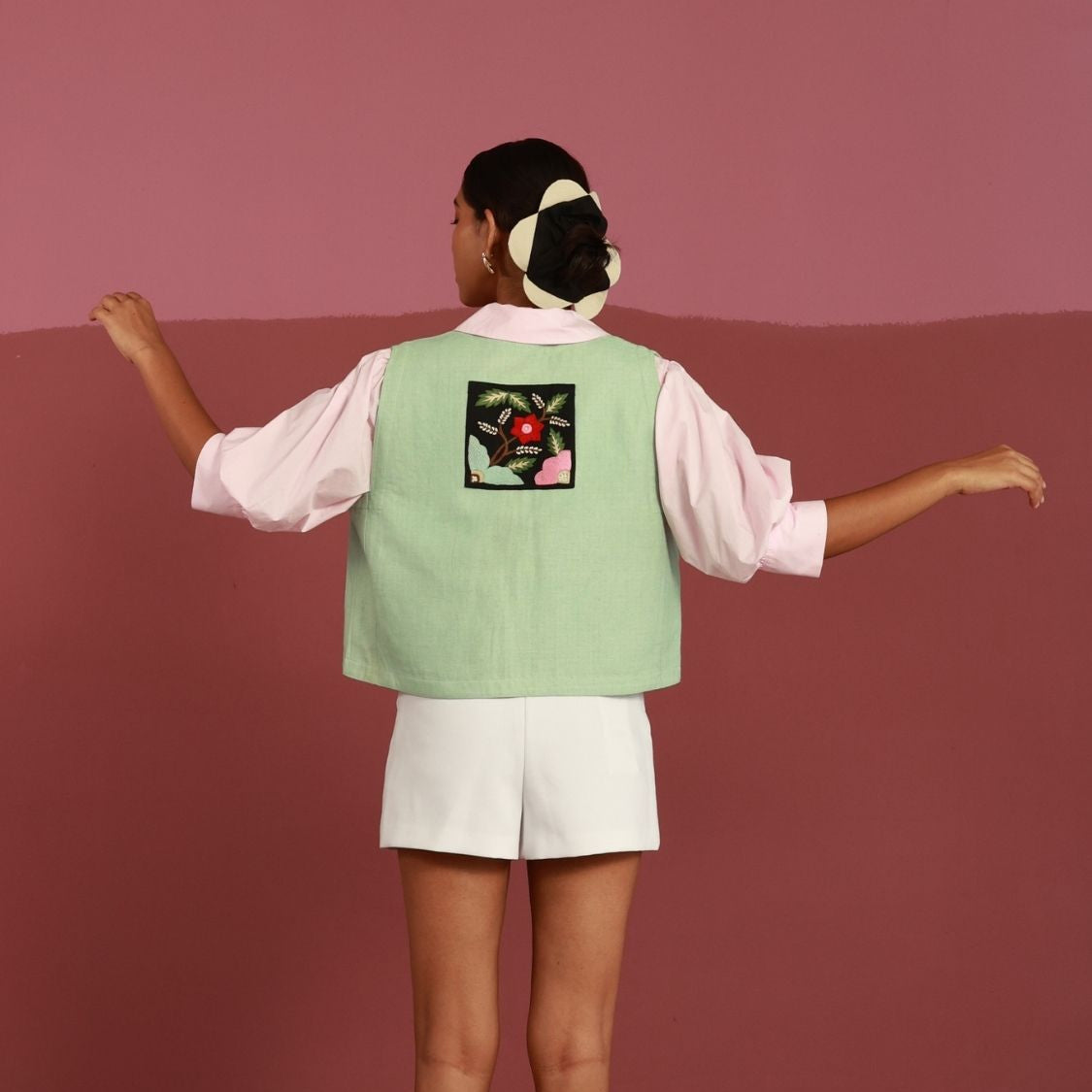 Honeydew Cropped Gilet | Hand-Embroidered Patch Detail (20+ Artisan Hours) Winglore Studio