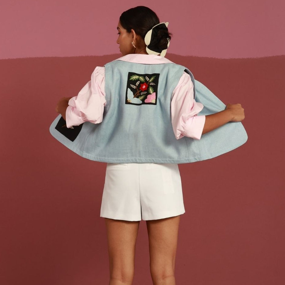 Icy Blue Gilet | Vivid Hand-Embroidered Back Motif (20+ Artisan Hours) Winglore Studio