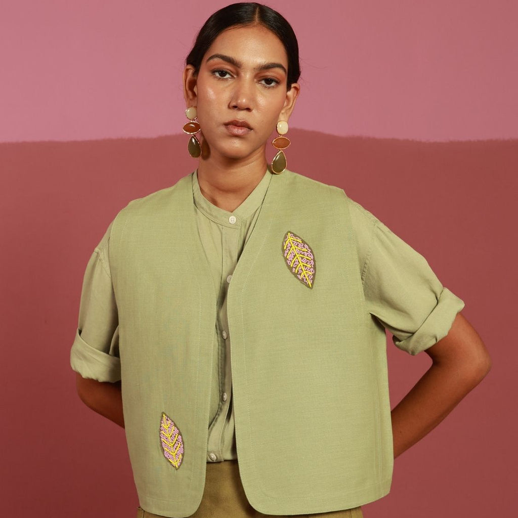 Leaf It on Gilet | Hand Embroidered Leaf Motifs (20+ Artisan Hours) Winglore Studio