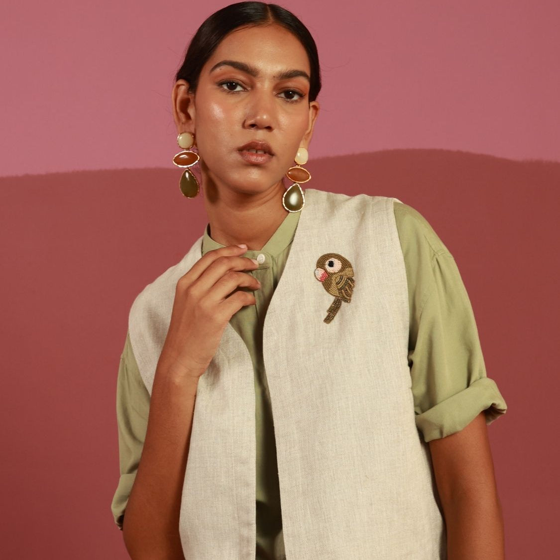 The Parakeet Gilet (Beige) | Hand-Embroidered Parakeets (20+ Artisan Hours)