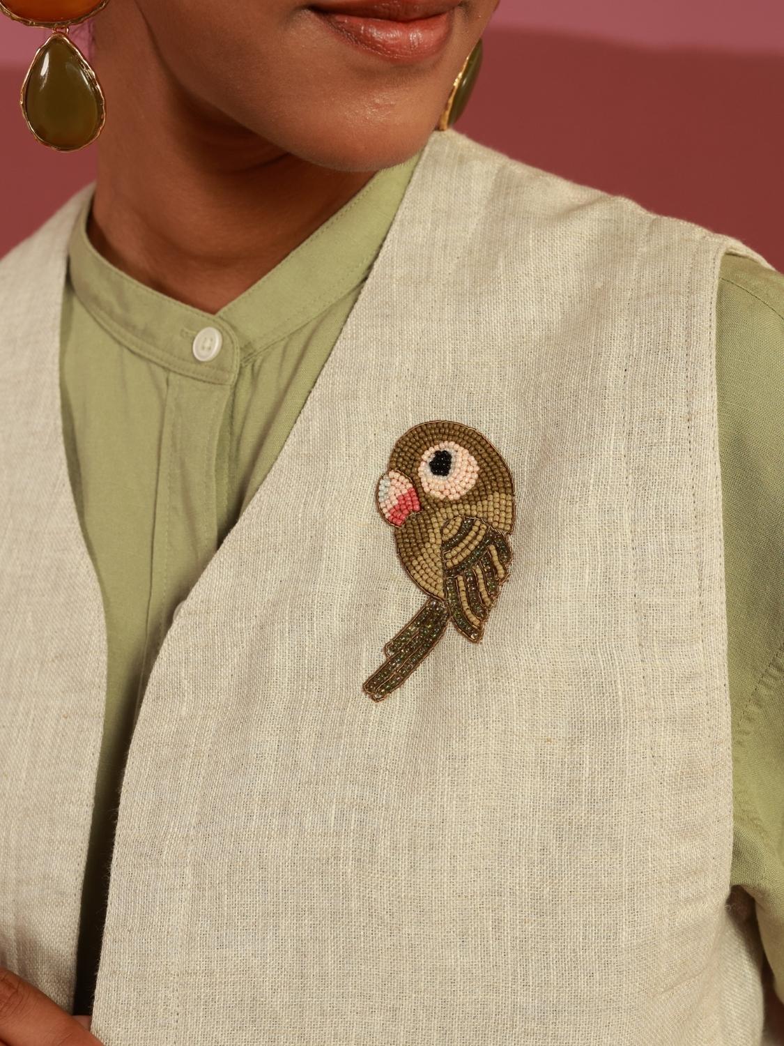 The Parakeet Gilet (Beige) | Hand-Embroidered Parakeets (20+ Artisan Hours)
