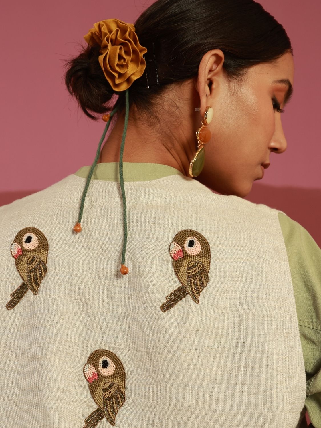 The Parakeet Gilet (Beige) | Hand-Embroidered Parakeets (20+ Artisan Hours)