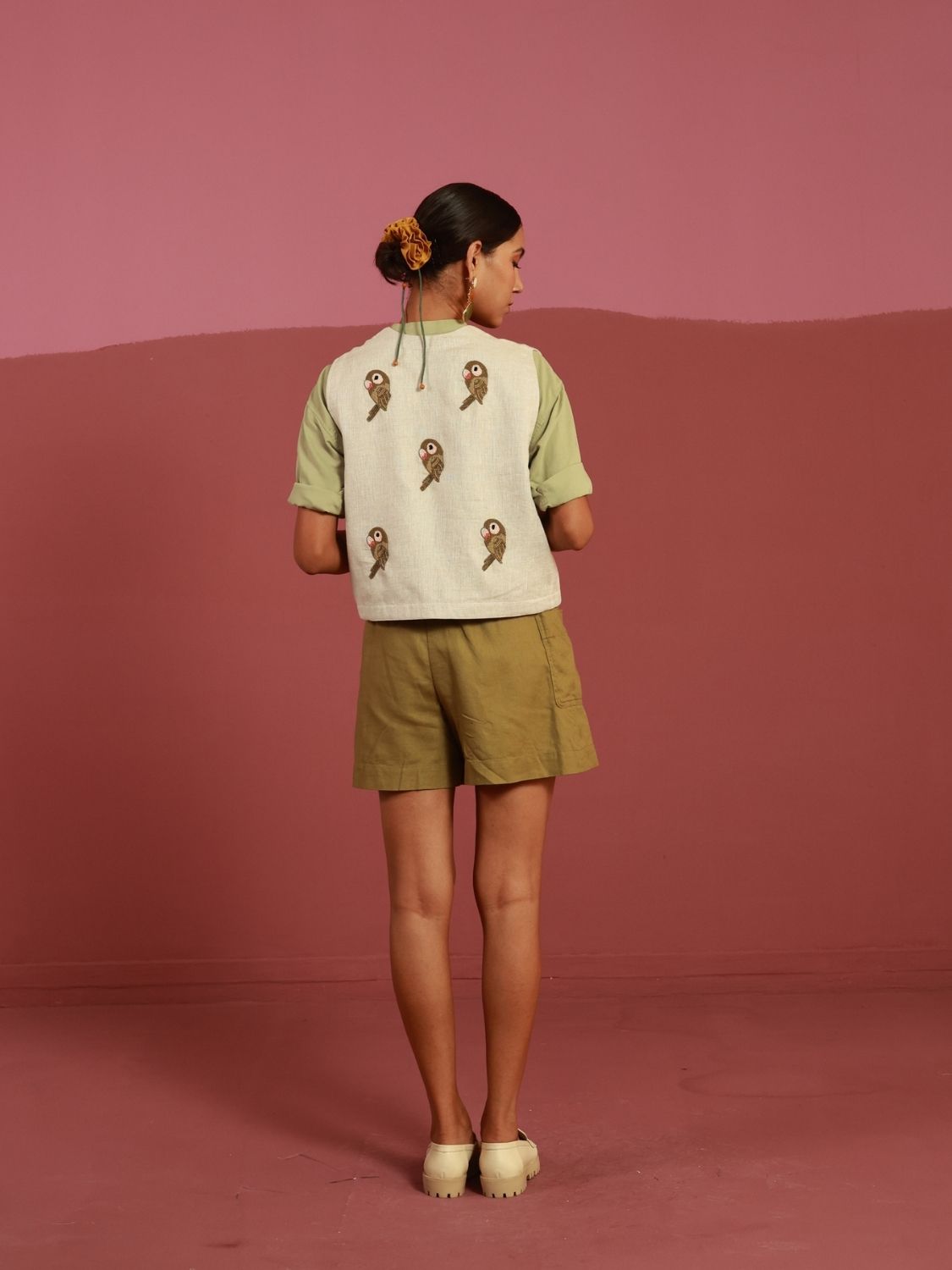 The Parakeet Gilet (Beige) | Hand-Embroidered Parakeets (20+ Artisan Hours)