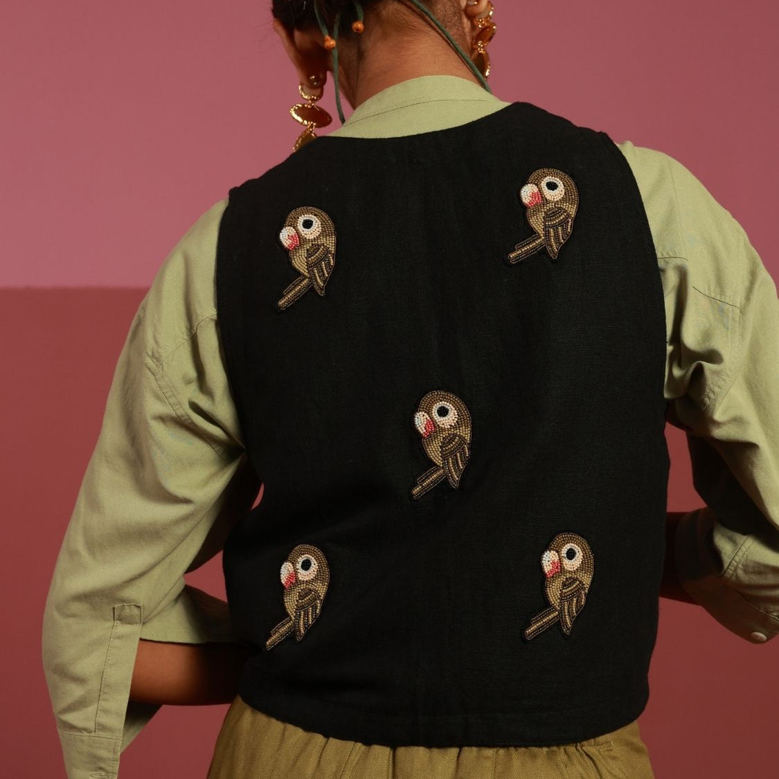 The Parakeet Gilet (Black) | Hand-Embroidered Parakeet Motifs (20+ Artisan Hours) Winglore Studio