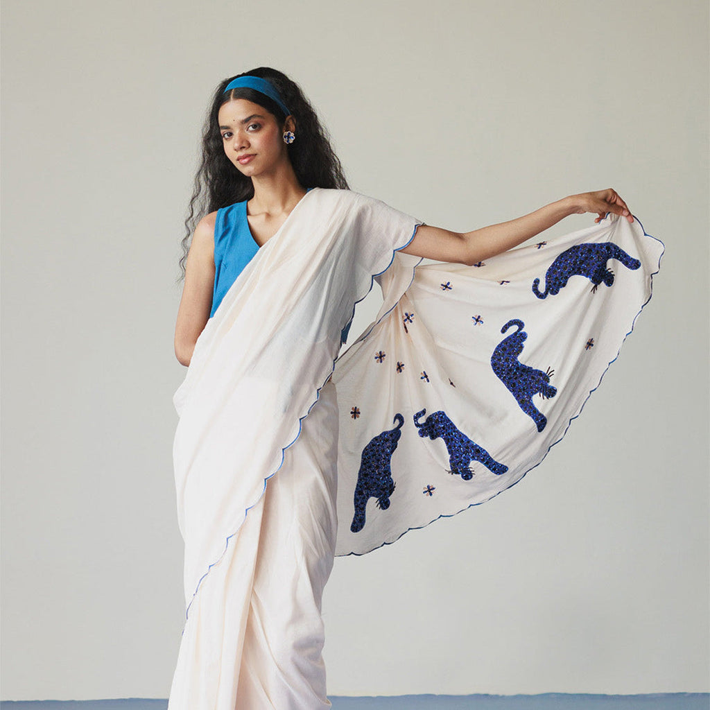 Spotted in Style Saree | Indigo Leopard and Heart Motifs (60+ Artisan Hours) Winglore Studio