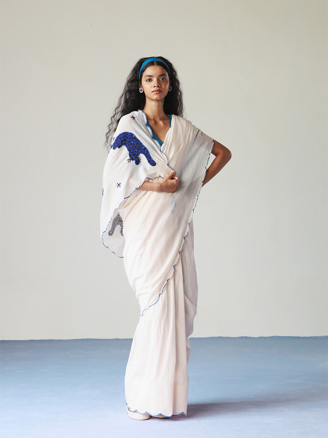 Spotted in Style Saree | Indigo Leopard and Heart Motifs (60+ Artisan Hours) Winglore Studio