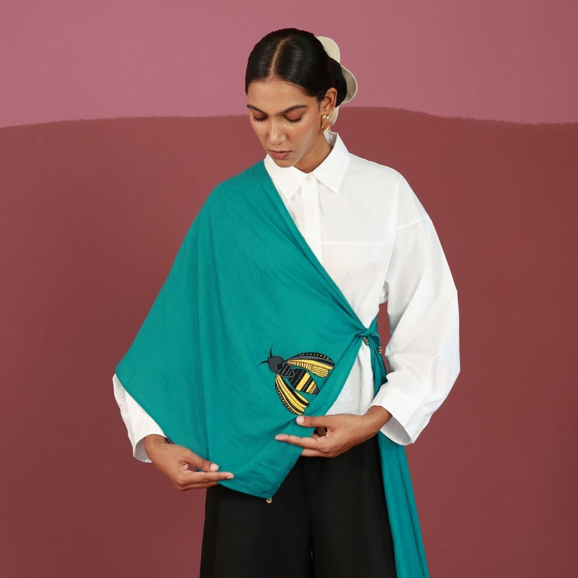 Buzzed on Teal Stole | Resham Zig-Zag Embroidery (10-15 Artisan Hours)