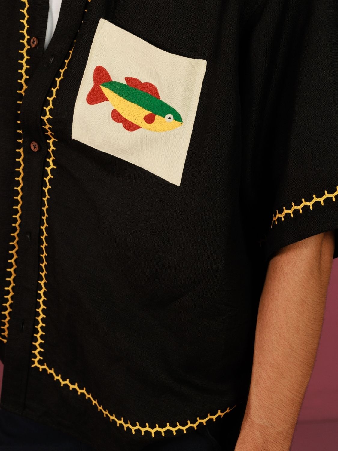 Off the hook Oversized Shirt | Black Linen Hand-Embroidered Fish Top (40+ Artisan Hours) Winglore Studio