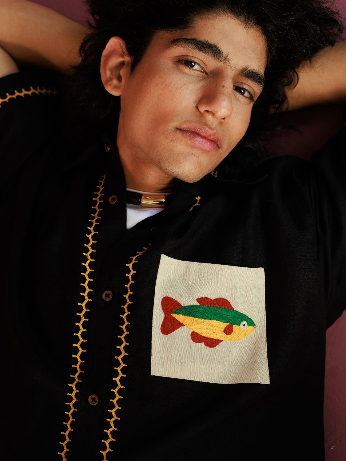 Off the hook Oversized Shirt | Black Linen Hand-Embroidered Fish Top (40+ Artisan Hours) Winglore Studio