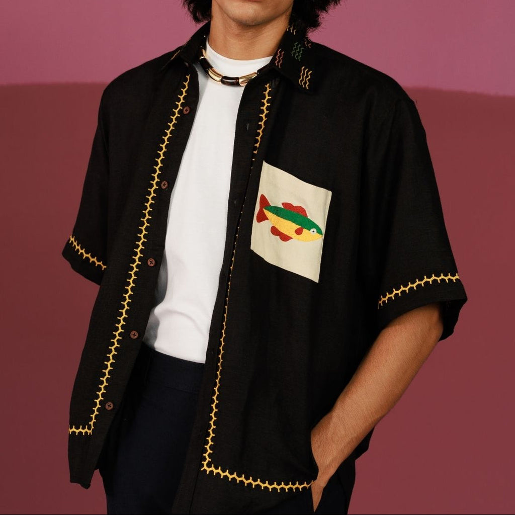 Off the hook Oversized Shirt | Black Linen Hand-Embroidered Fish Top (40+ Artisan Hours) Winglore Studio
