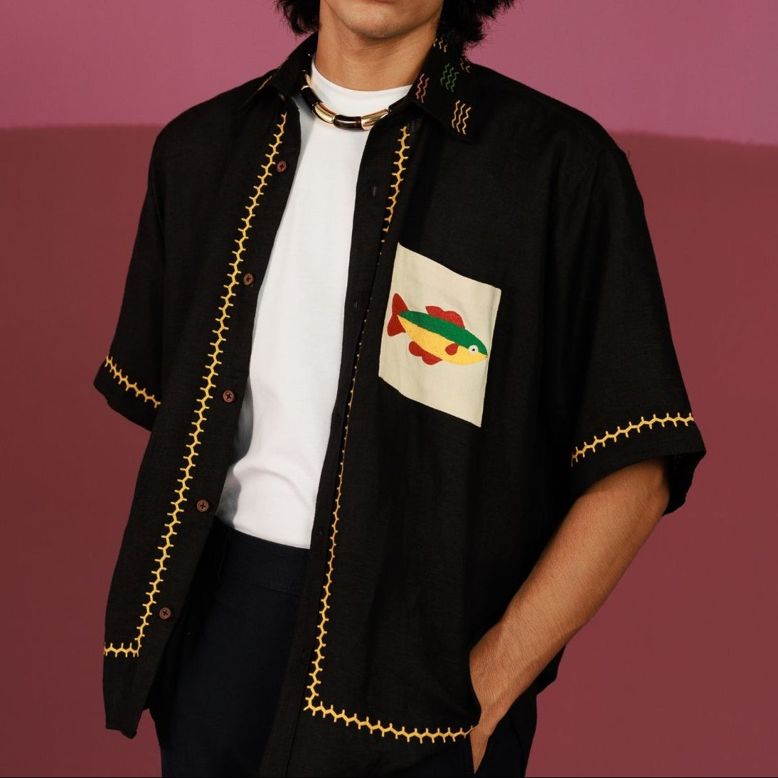 Off the hook Oversized Shirt | Black Linen Hand-Embroidered Fish Top (40+ Artisan Hours) Winglore Studio